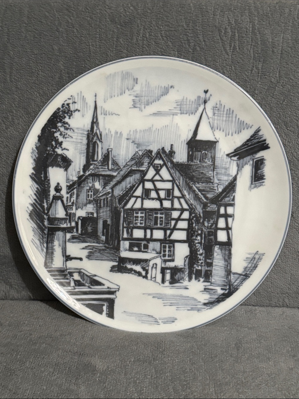 Decorative Black and White German Village Scene Porcelain Plate